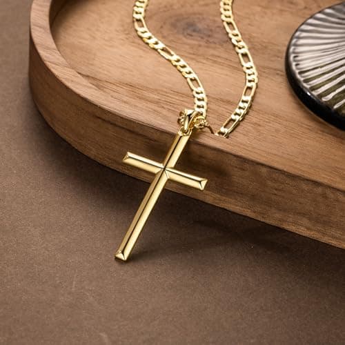 NICRET Gold Cross Necklace - Faithful Figaro Chain for Men