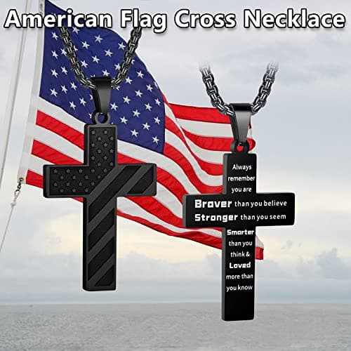 HattiDoris American Flag Cross Necklace for Men Stainless Steel Chain Inspirational Jewelry