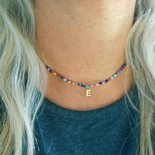 VLIEGEN 18K Gold Plated Colorful Beaded Initial Choker Necklace Boho Gift for Women