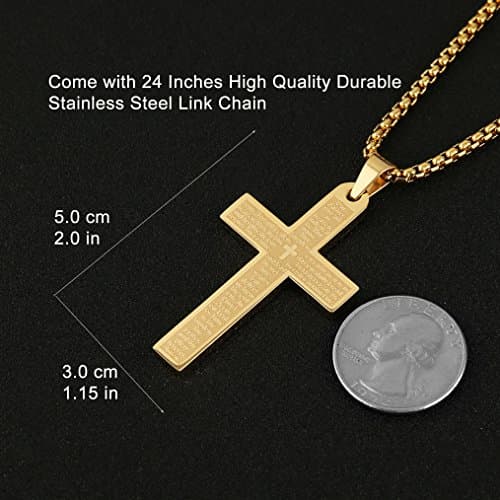 HZMAN Stainless Steel Cross Necklace with Lord's Prayer Pendant, 4 Colors