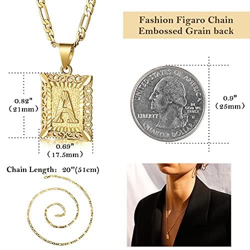 KissYan Initial Letter Pendant Necklace, 14K Gold Plated Square Monogram Figaro Chain Jewelry A-Z