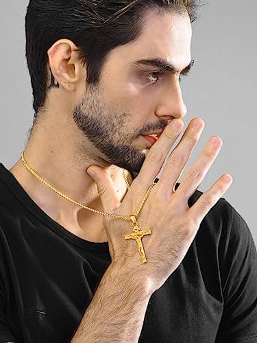 Antique U7 Men's Crucifix Necklace, 18K Gold Tone & Stainless Steel, 22" Chain, Gift Packed