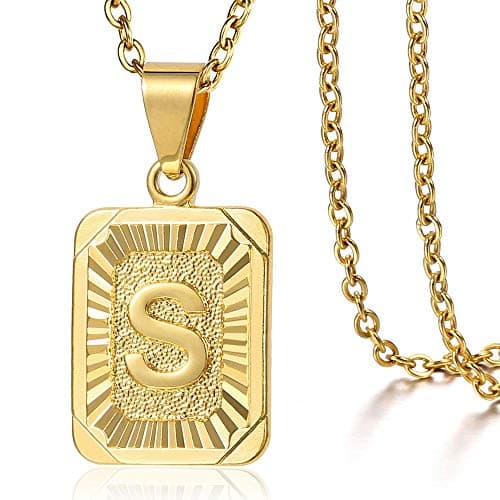 Trendsmax Gold Plated Rectangle Initial Pendant Necklace for Mens and Womens Rolo Chain