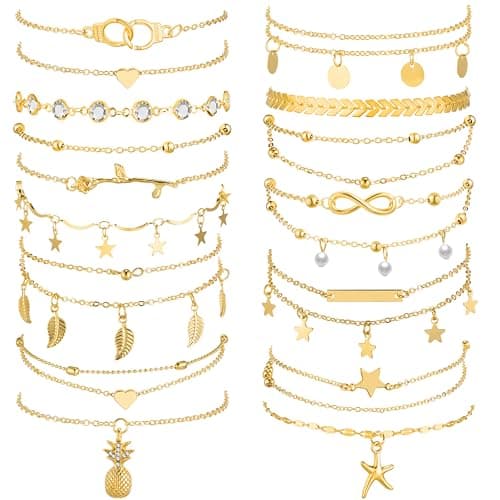 Hicarer 14K 16-Piece Boho Anklet Set for Women Adjustable Foot Hand Jewelry
