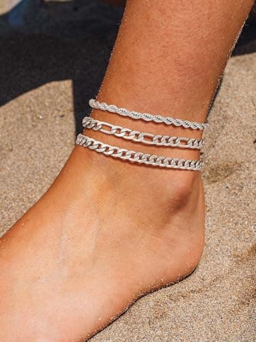Stainless Steel Cuban Link Anklet Sets for Women, Adjustable 8.5"-10.5"