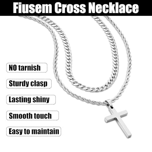 Fiusem 2 Pcs Layered Men's & Women's Cross Necklaces, Stainless Steel Pendant Chain 16-26 Inch