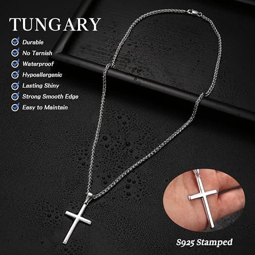 Tungary 925 Sterling Silver Cross Pendant Necklace for Men and Women