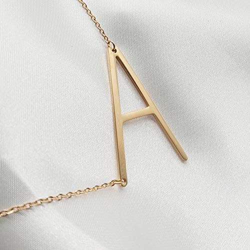 MOMOL Sideways Initial Necklace - Large 18K Gold Plated Stainless Steel Pendant for Women