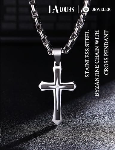 Lolestik Black Gold Cross Necklace for Men, Byzantine Chain, 22-30 Inch