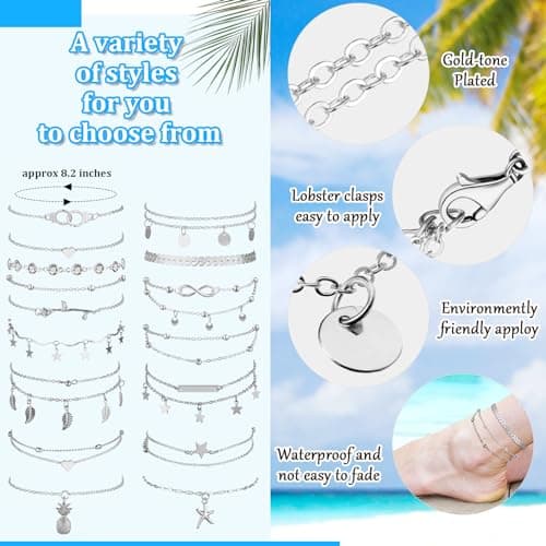 Hicarer 14K 16-Piece Boho Anklet Set for Women Adjustable Foot Hand Jewelry