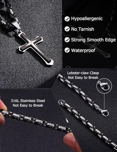 Lolestik Black Gold Cross Necklace for Men, Byzantine Chain, 22-30 Inch