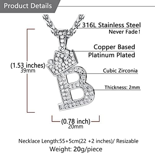 Iced Out U7 Crown Initial Letter Pendant, 22-24 Inch Chain Jewelry, Color Steel, Black, Gold