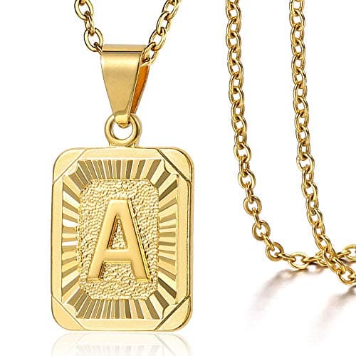 Trendsmax Gold Plated Rectangle Initial Pendant Necklace for Mens and Womens Rolo Chain