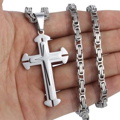 Trendsmax Men's Gold & Silver Stainless Steel Byzantine Cross Pendant Necklace 22-30inch