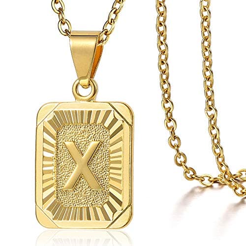 Trendsmax Gold Plated Rectangle Initial Pendant Necklace for Mens and Womens Rolo Chain
