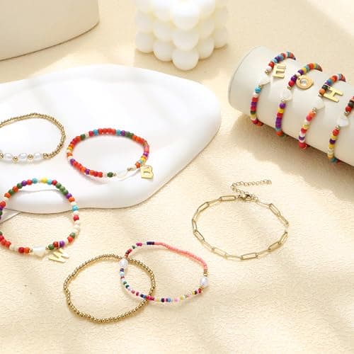 Sanfenly Women's Gold Stackable Pearl Beaded Initial Charm Bracelet (A Letter)