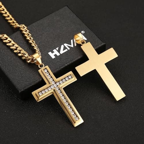 HZMAN Men's Stainless Steel Cross Necklace with CZ Inlay 7mm Cuban Chain 24 inches