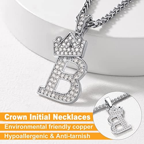Iced Out U7 Crown Initial Letter Pendant, 22-24 Inch Chain Jewelry, Color Steel, Black, Gold