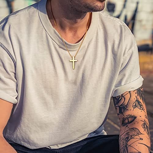 Men's 925 Sterling Silver Cross Pendant Necklace with 18K Gold and Stainless Steel Chain
