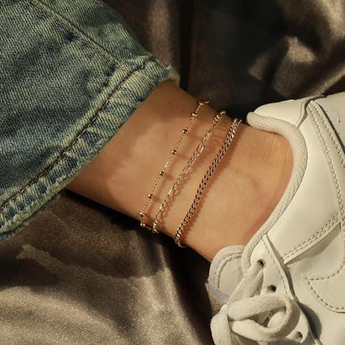 MIDEEO Women's 14K Gold Heart Herringbone Anklets Rhinestone Jewelry Gift