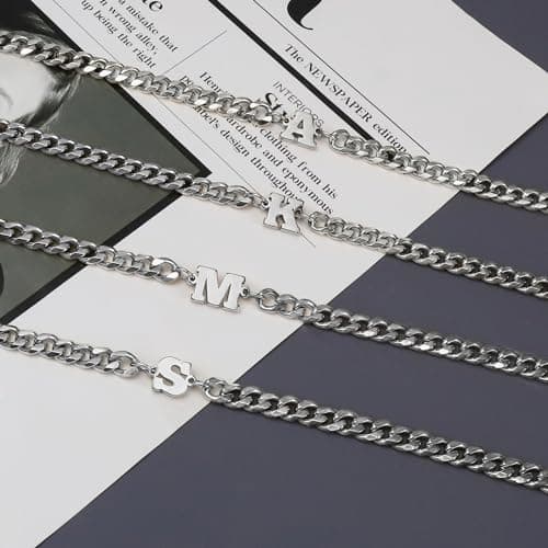 Stainless Steel Initial Bracelet for Men - Dainty Silver Cuban Link