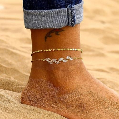 MIDEEO Women's 14K Gold Heart Herringbone Anklets Rhinestone Jewelry Gift