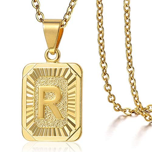 Trendsmax Gold Plated Rectangle Initial Pendant Necklace for Mens and Womens Rolo Chain