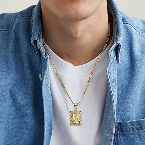 KissYan Initial Letter Pendant Necklace, 14K Gold Plated Square Monogram Figaro Chain Jewelry A-Z
