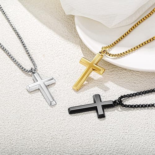 Stainless Steel Beveled Edge Cross Chain Pendant Necklace for Men