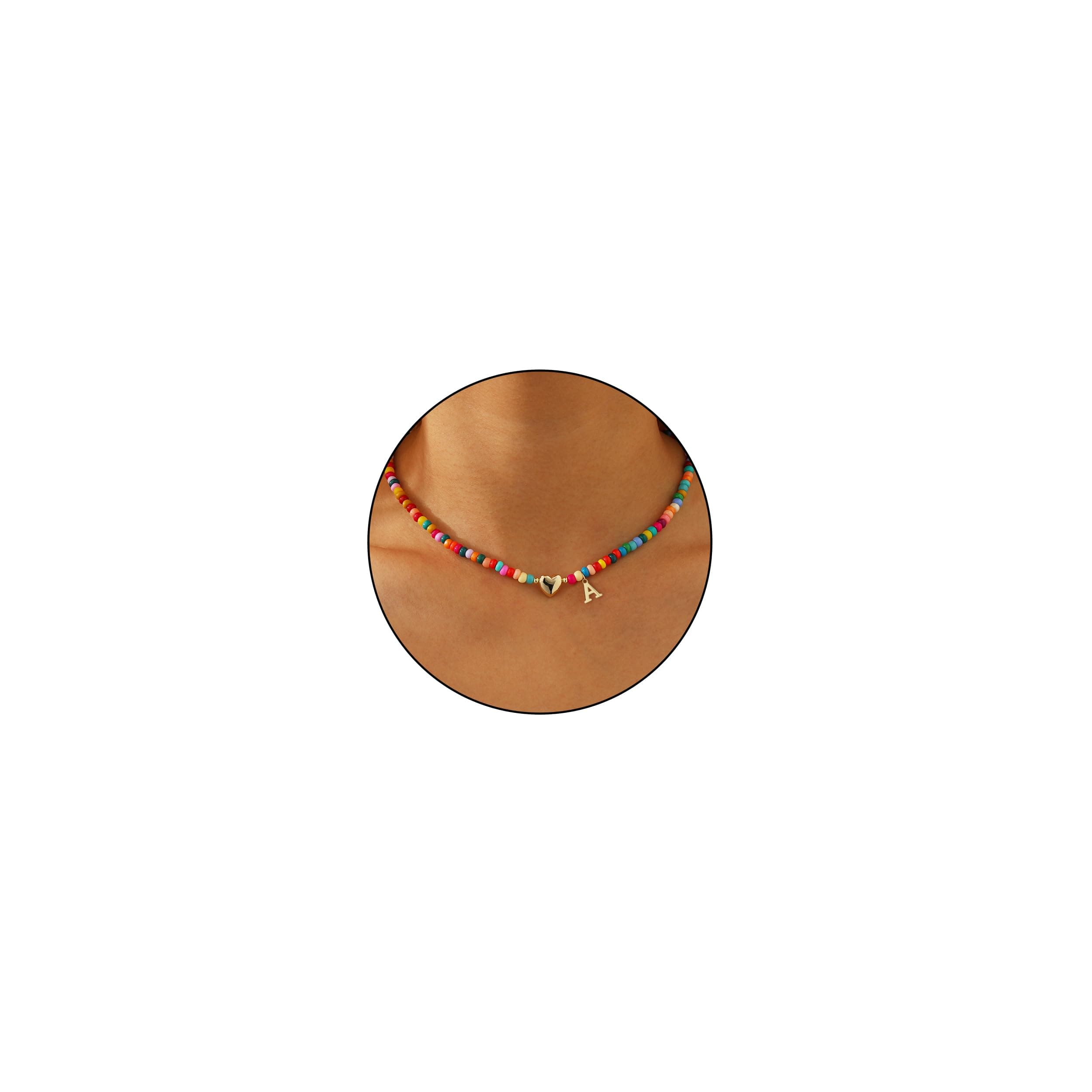 Colorful Beaded Charm Alphabet Choker Necklace for Women and Girls | Bohemian Gold Plated Heart Pendant