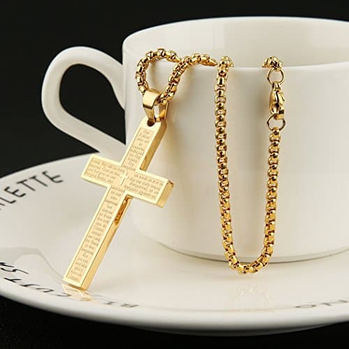 HZMAN Stainless Steel Cross Necklace with Lord's Prayer Pendant, 4 Colors
