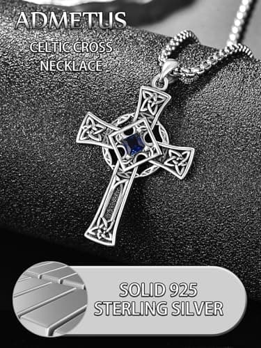 Admetus Sterling Silver Celtic Cross Necklace for Men with Birthstone Chain