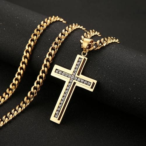 HZMAN Men's Stainless Steel Cross Necklace with CZ Inlay 7mm Cuban Chain 24 inches