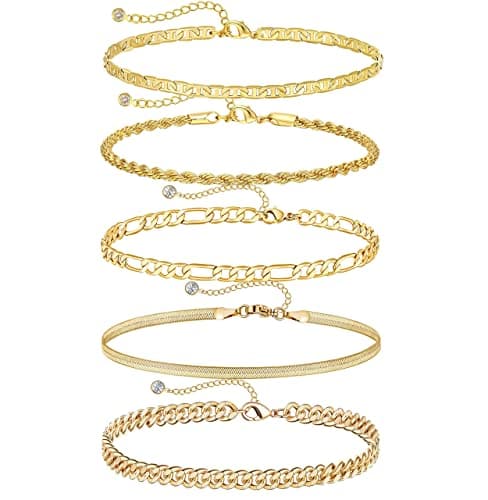 DEARMAY 14K Gold Plated Dainty Ankle Bracelets Set - Waterproof Herringbone Cuban Chain Pack