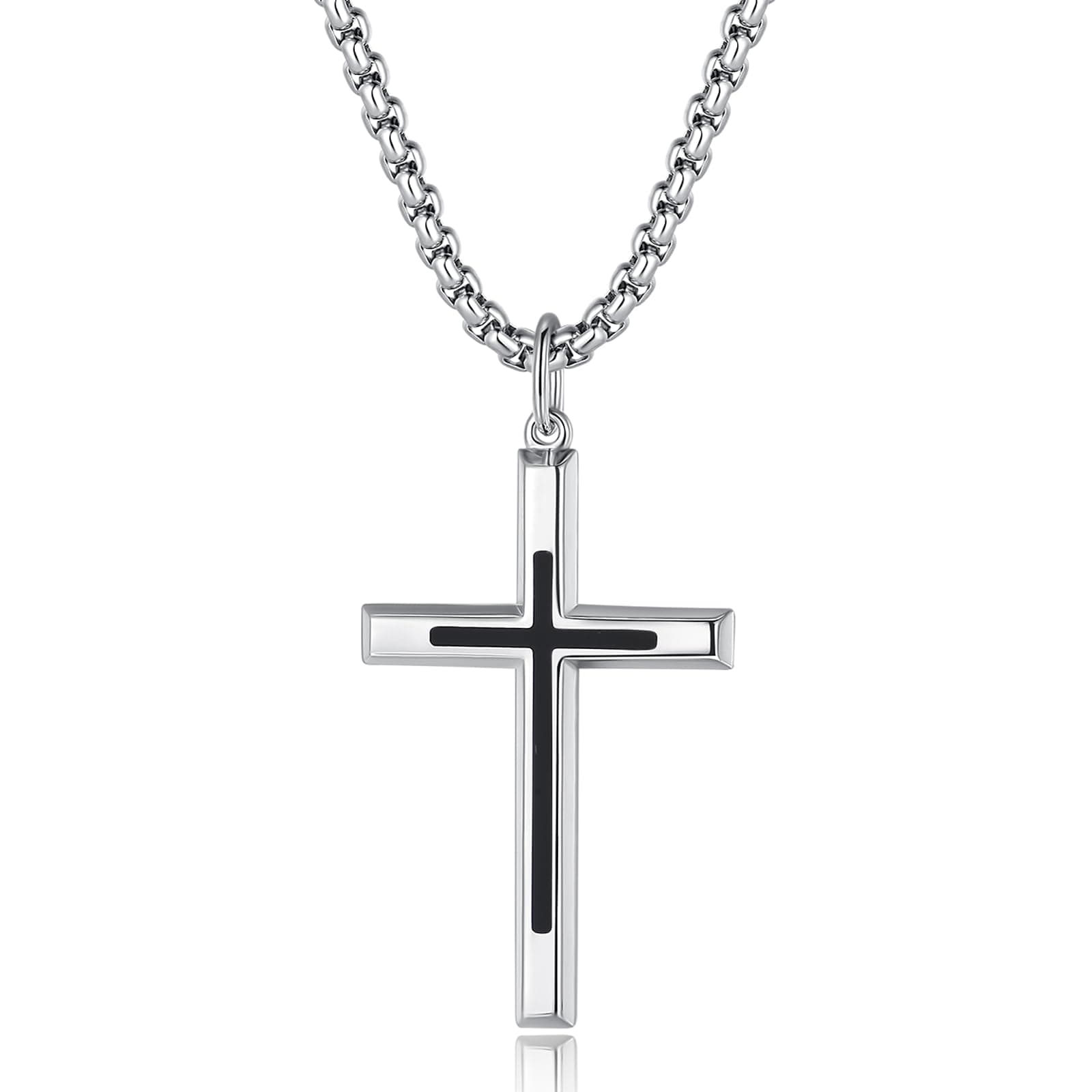 FANCIME Black Cross Sterling Silver PendantLong NecklaceFine Jewelry Stainless Steel Box Chain 24"