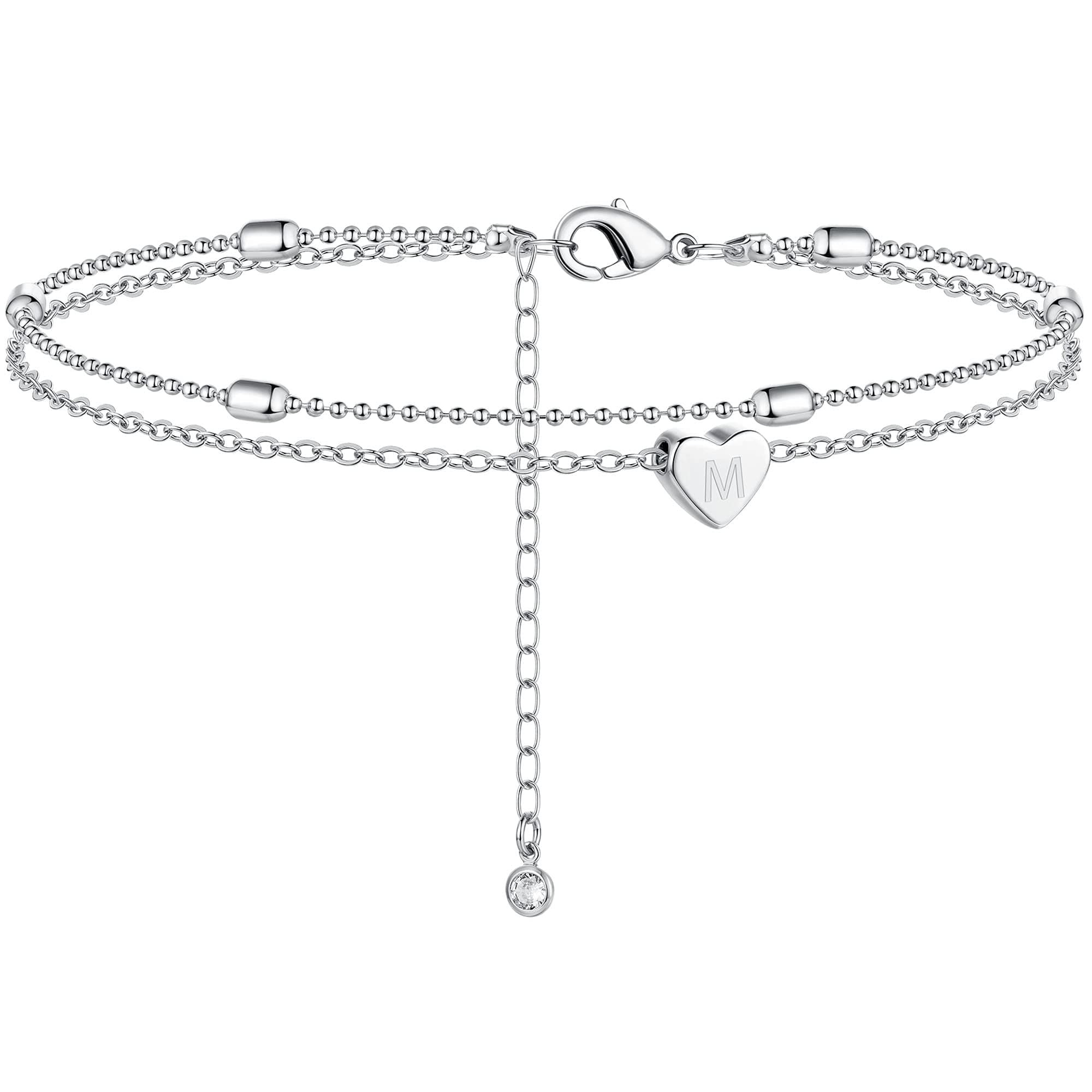 Moodear Silver Anklets for Women - Waterproof Layered Heart Charm Anklet