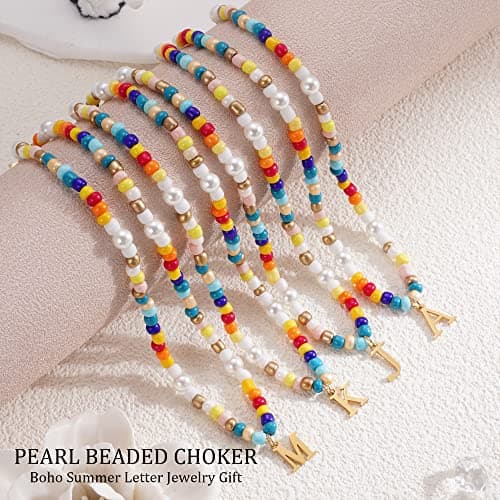 JSJOY Rainbow Beaded Choker with Gold Initial Pendant Boho Jewelry for Women