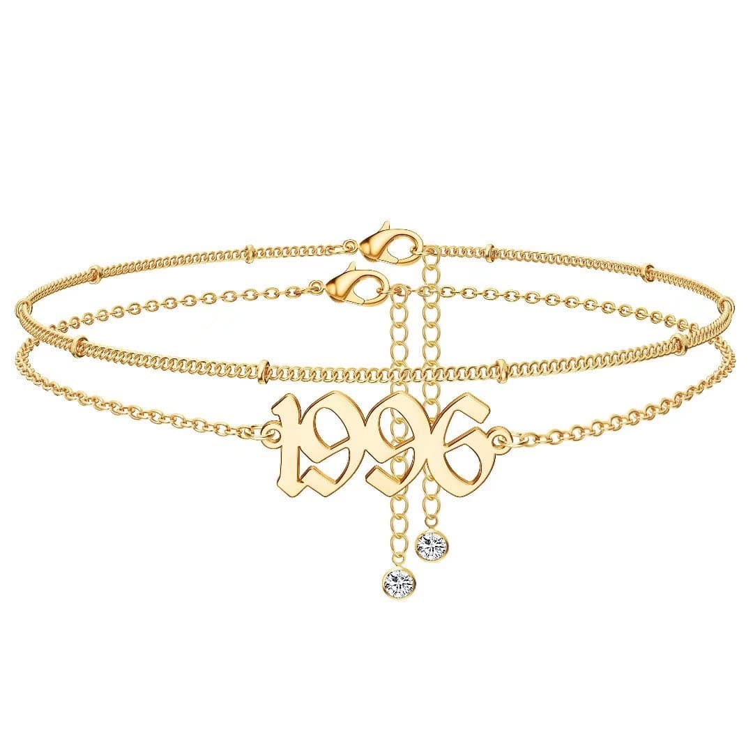 Birth Year Anklet for Women, 14K Gold Plated Beach Foot Jewelry