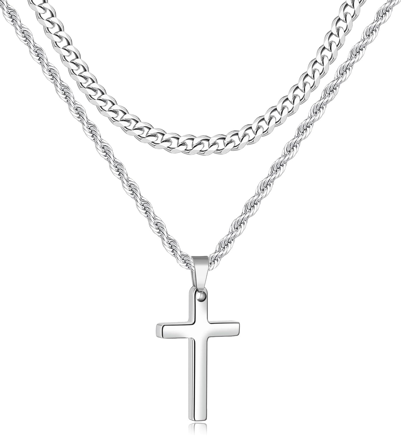 Fiusem 2 Pcs Layered Men's & Women's Cross Necklaces, Stainless Steel Pendant Chain 16-26 Inch