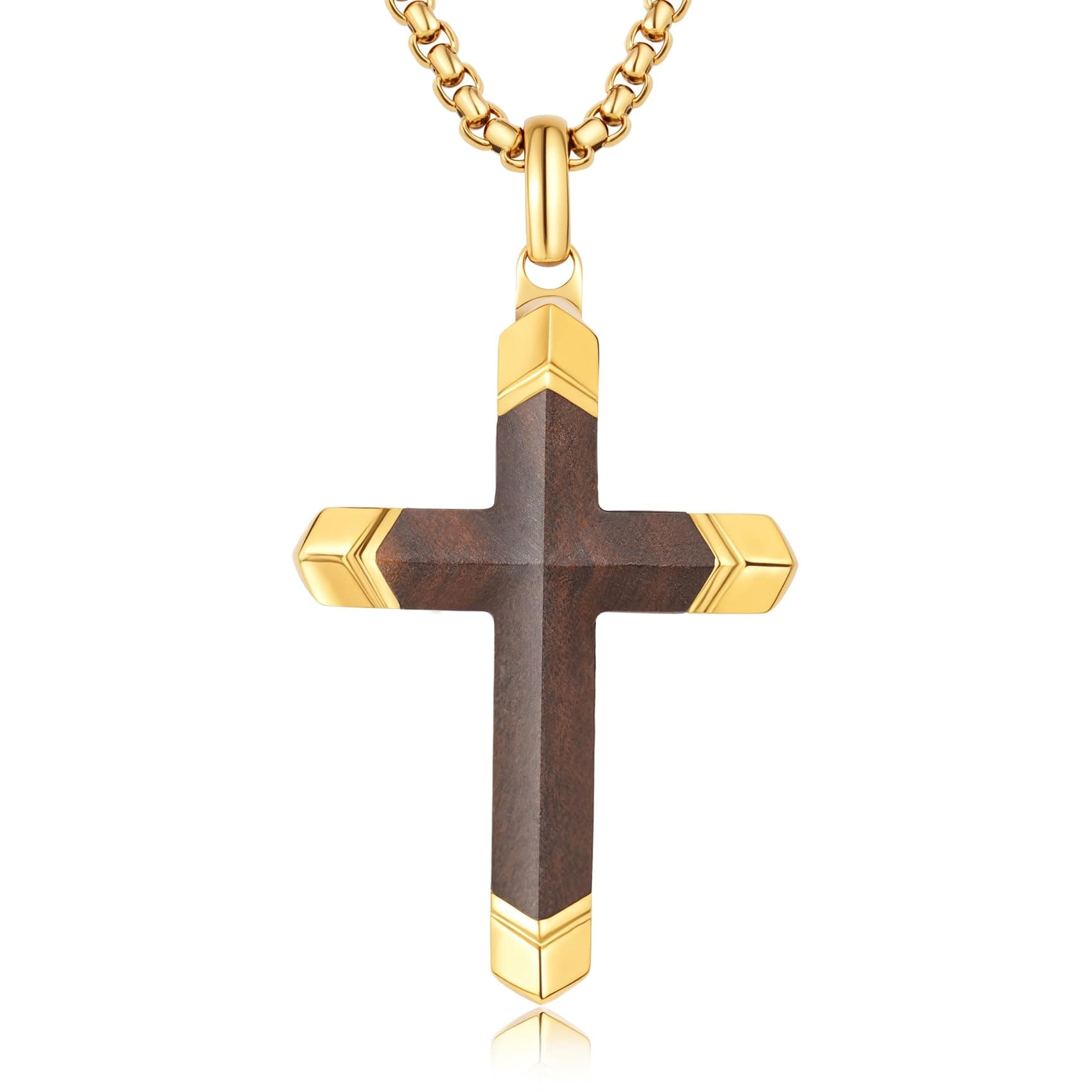 Ropartman Hand-Inlaid Ebony Gold Stainless Steel Cross Necklace for Men