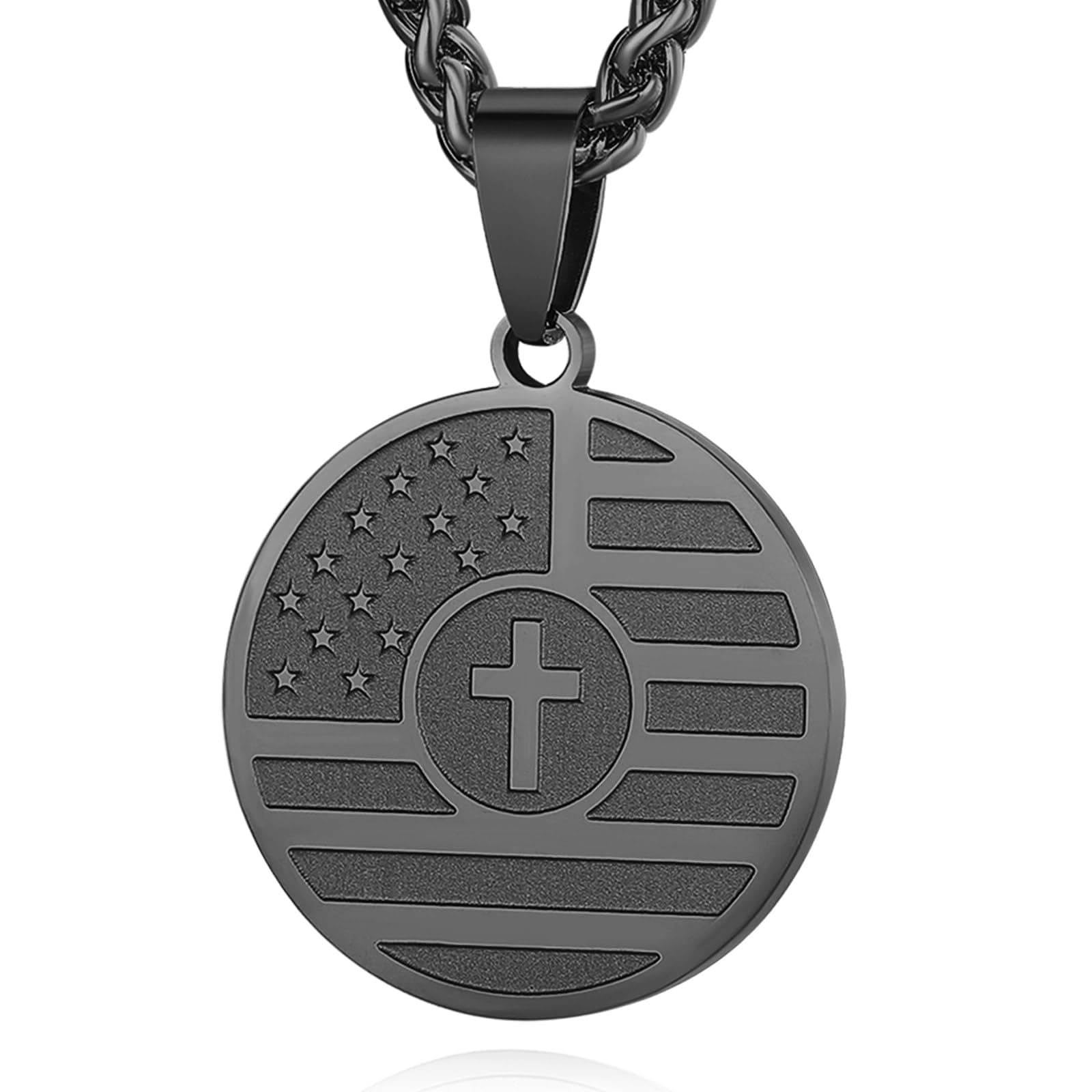 American Flag Cross Necklace for Men, Stainless Steel & Bible Verse, 24 Inches Wheat Chain