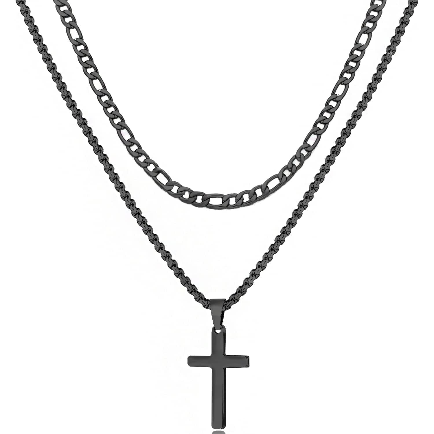 Todenb Layered Cross Necklace for Men, 18K Gold Silver Stainless Steel, 16-24 Inch