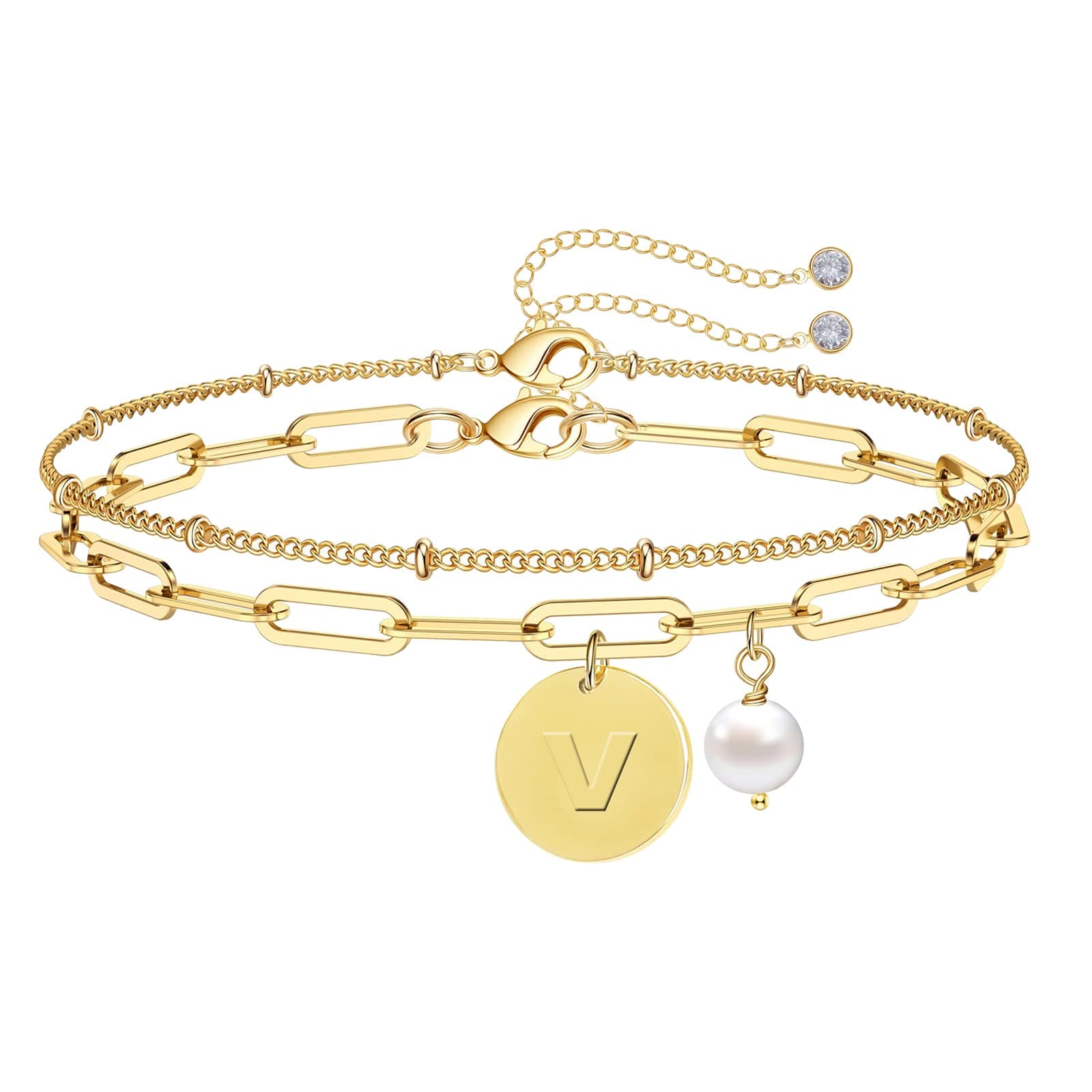 Personalized Initial Bracelets for Women - 14K Gold Plated Layered Bracelet with Natural Pearl Beads