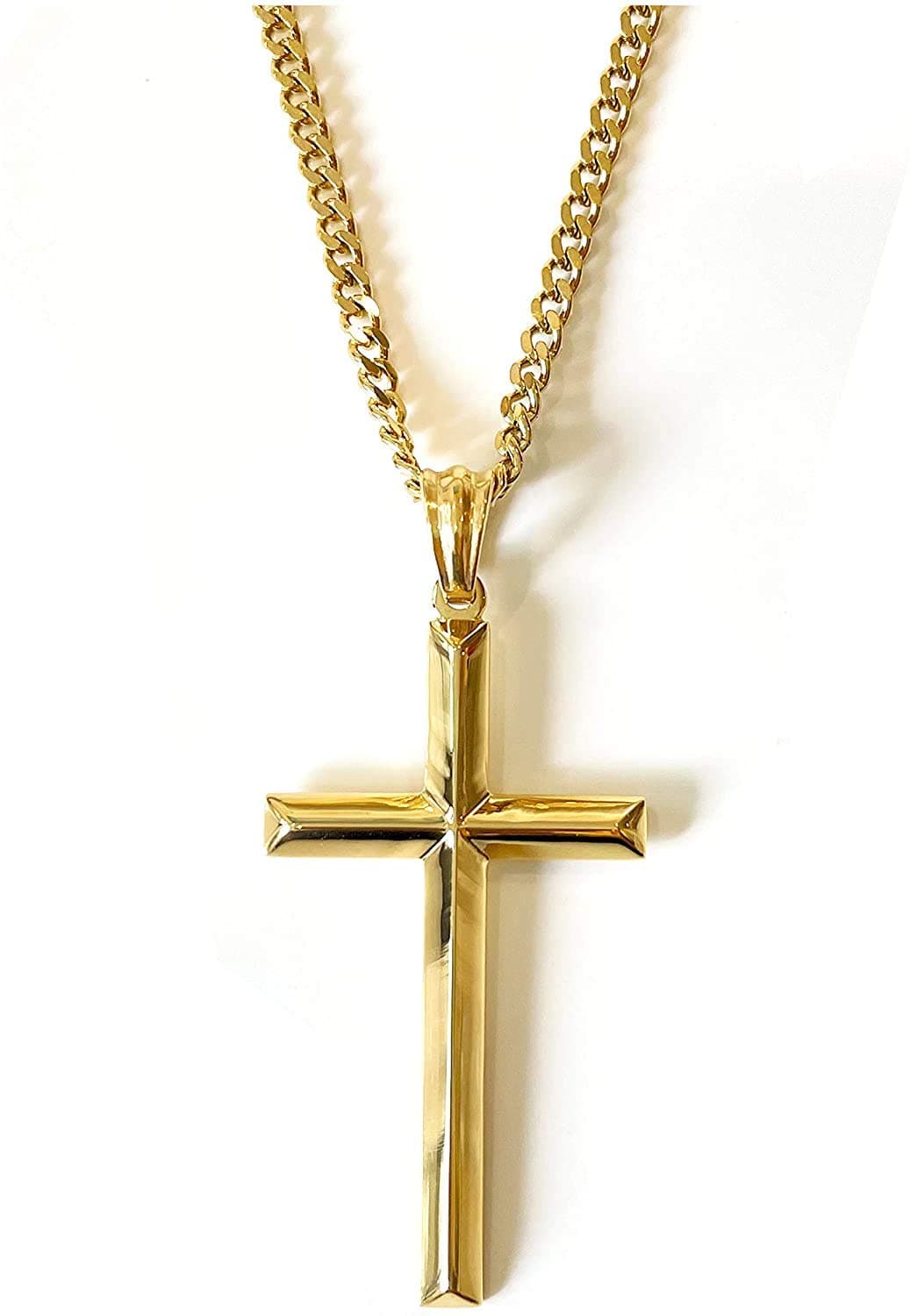 14K Gold Miami Cuban Link Cross Pendant Necklace for Men & Women