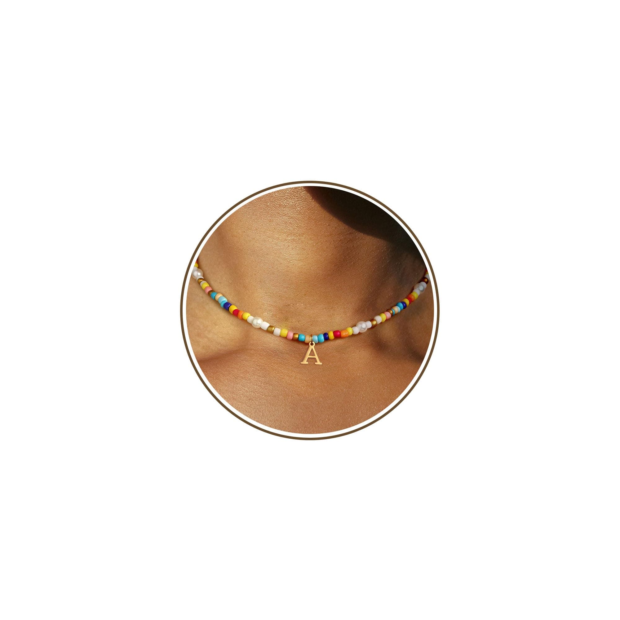 JSJOY Rainbow Beaded Choker with Gold Initial Pendant Boho Jewelry for Women