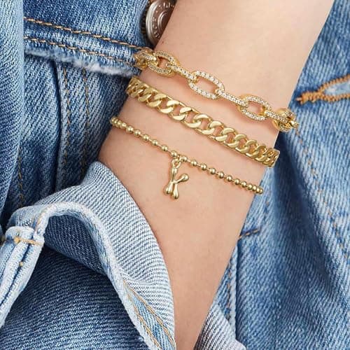 KissYan 14K Gold Plated Beaded Initial Bracelets A-Z Dainty Jewelry