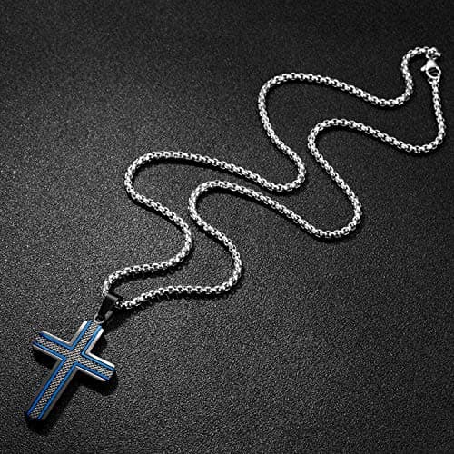 Zillaly Men's Stainless Steel Cross Necklace, Two-Tone Black & Blue Pendant - Gift Box Included
