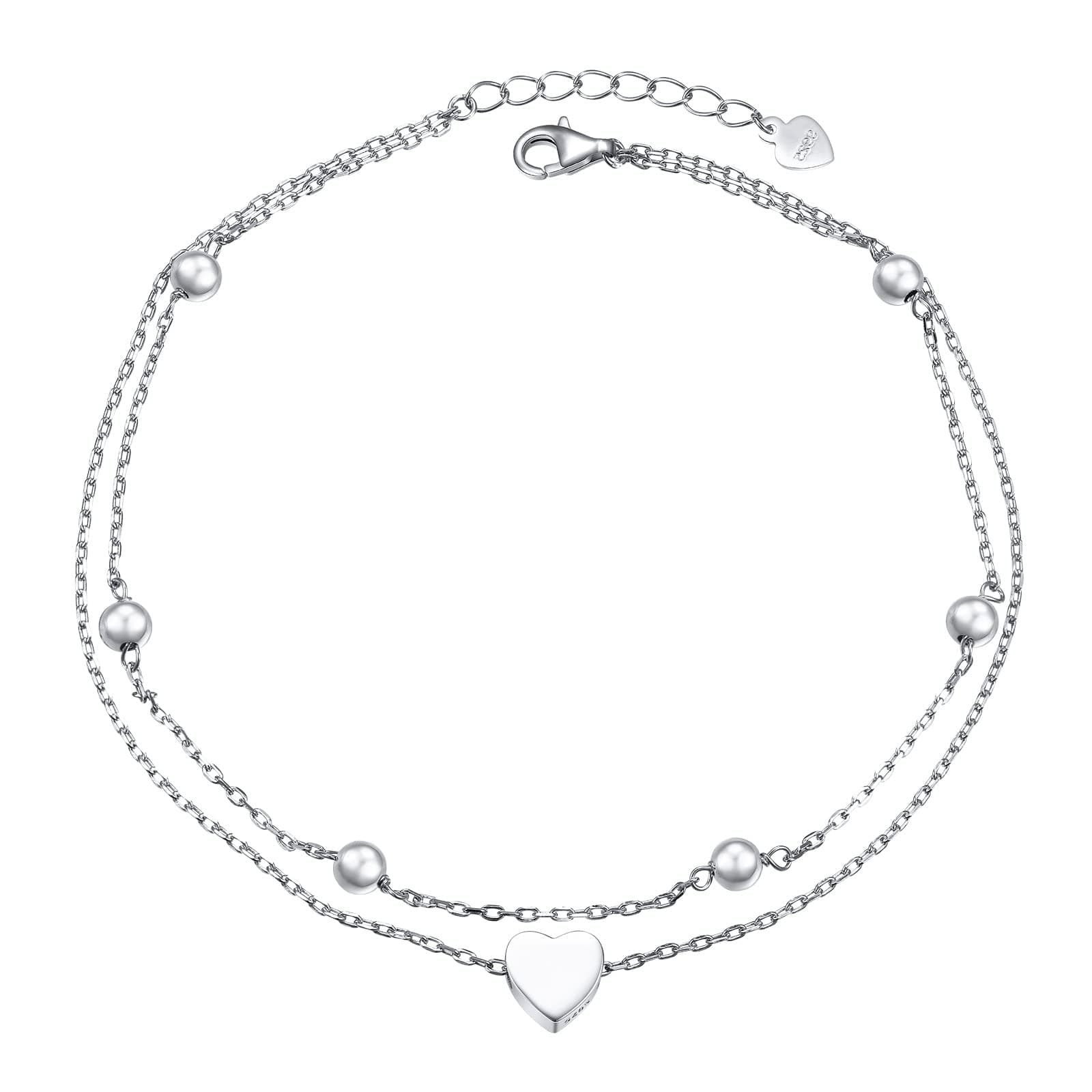 Flyow Sterling Silver Heart Charm Adjustable Anklet for Women