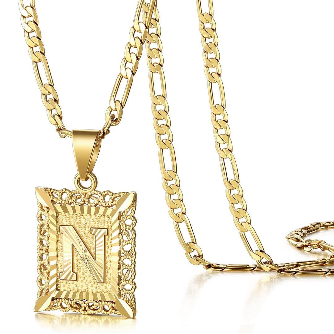 KissYan 14K Gold Plated Square Initial Letter Pendant Necklace A-Z Alphabet Figaro Chain