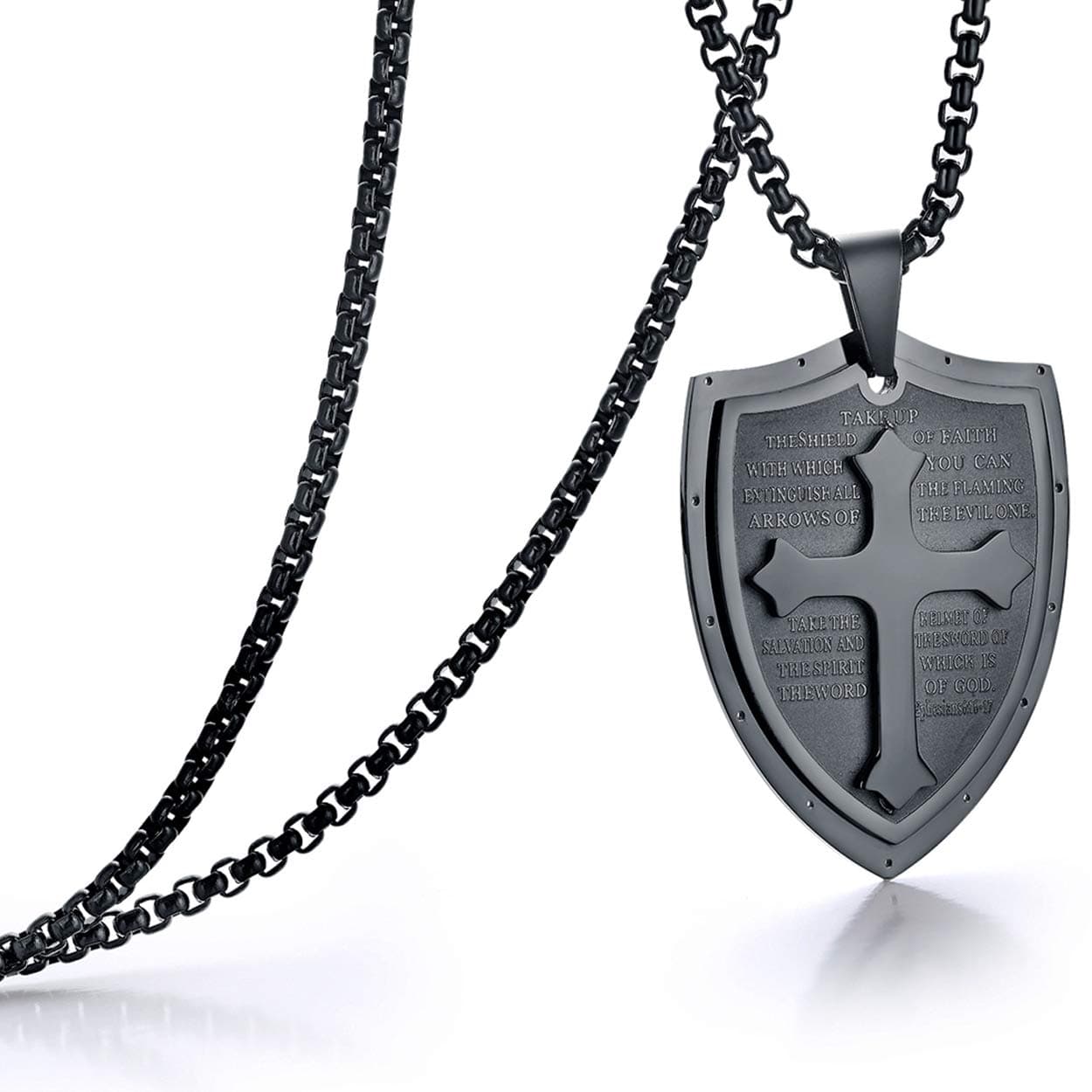 Stainless Steel Shield Armor of God Cross Pendant Necklace Black Silver 24" Chain